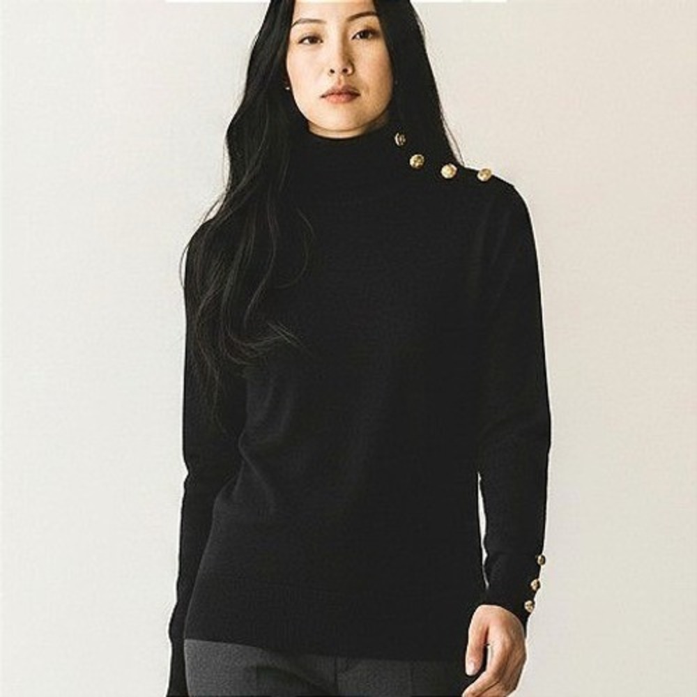 St. John Marie Gray Santana Knit Sweater Black Mock Neck Gold Button Accents